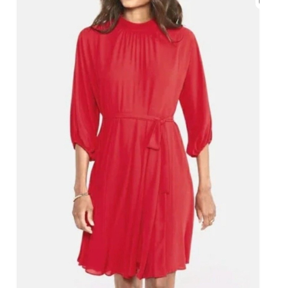 Ann Taylor Red Mock Neck Fit and Flare Dress 3/4 Sleeve Pleated Minimalist Red L